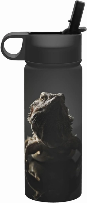 18Oz Sport Water Bottle Double Wall Insulated Stainless Steel, Cool Bearded Dragon Lizards Animal Black Adult Outdoors Sports Kettle with Straws, Not Afraid of Lipstick