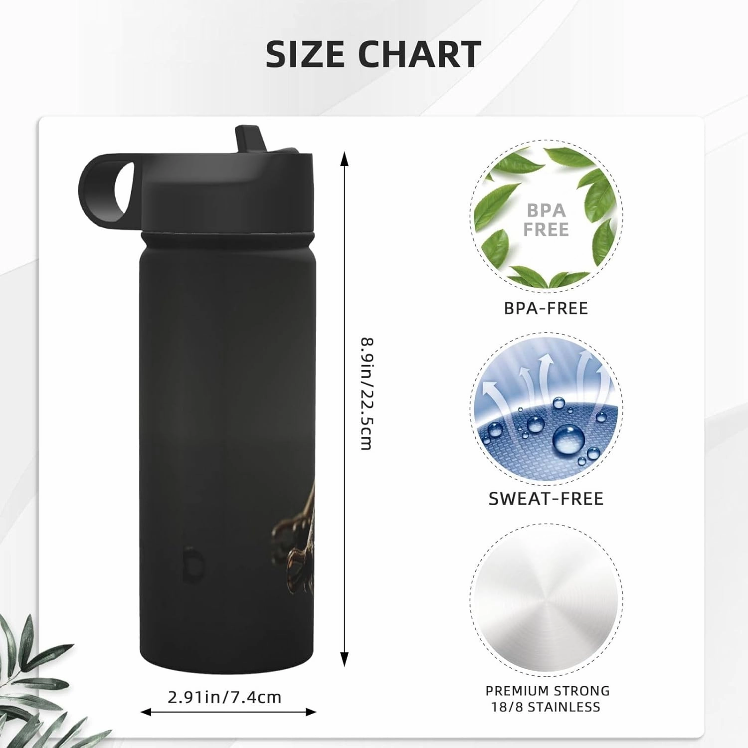 18Oz Sport Water Bottle Double Wall Insulated Stainless Steel, Cool Bearded Dragon Lizards Animal Black Adult Outdoors Sports Kettle with Straws, Not Afraid of Lipstick