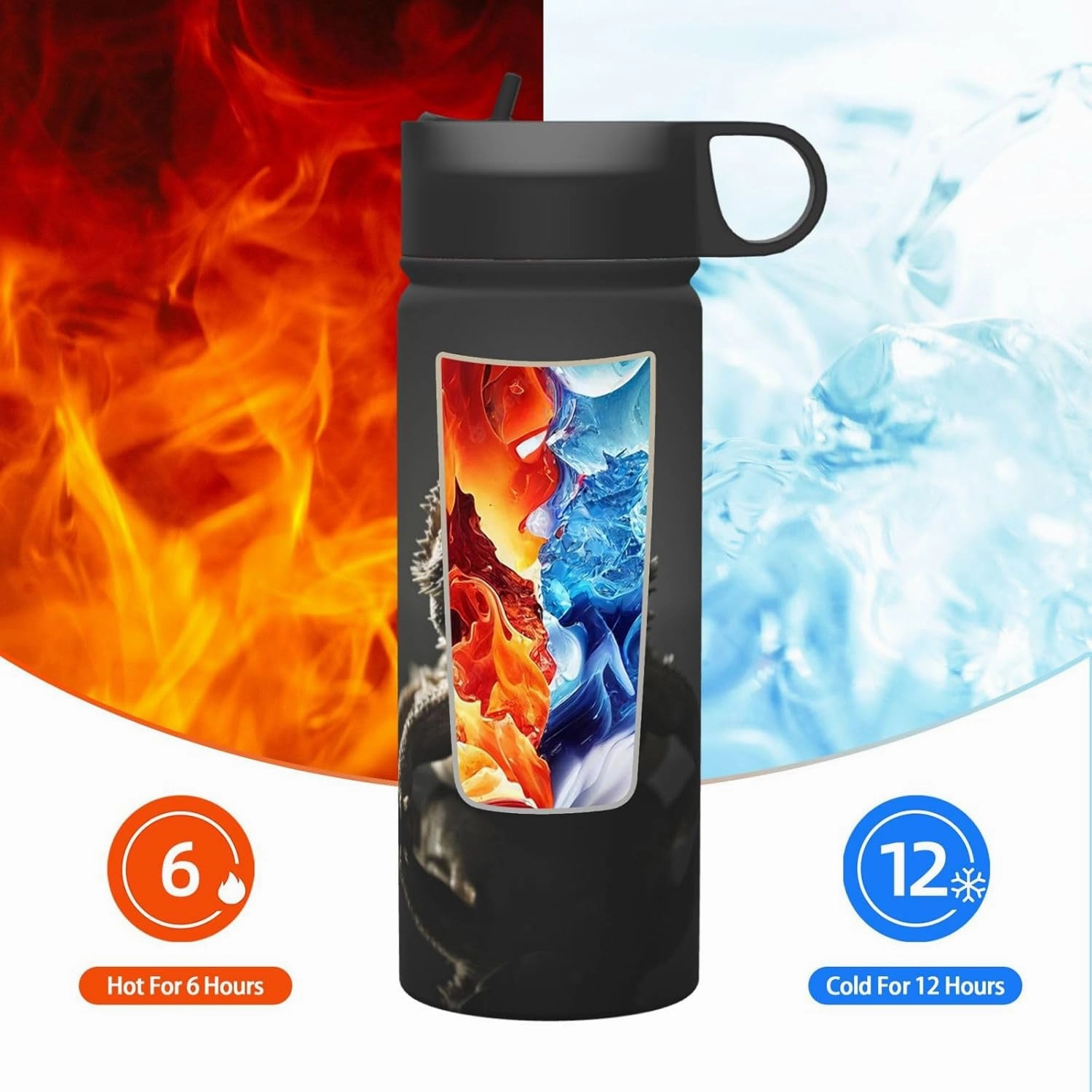 18Oz Sport Water Bottle Double Wall Insulated Stainless Steel, Cool Bearded Dragon Lizards Animal Black Adult Outdoors Sports Kettle with Straws, Not Afraid of Lipstick
