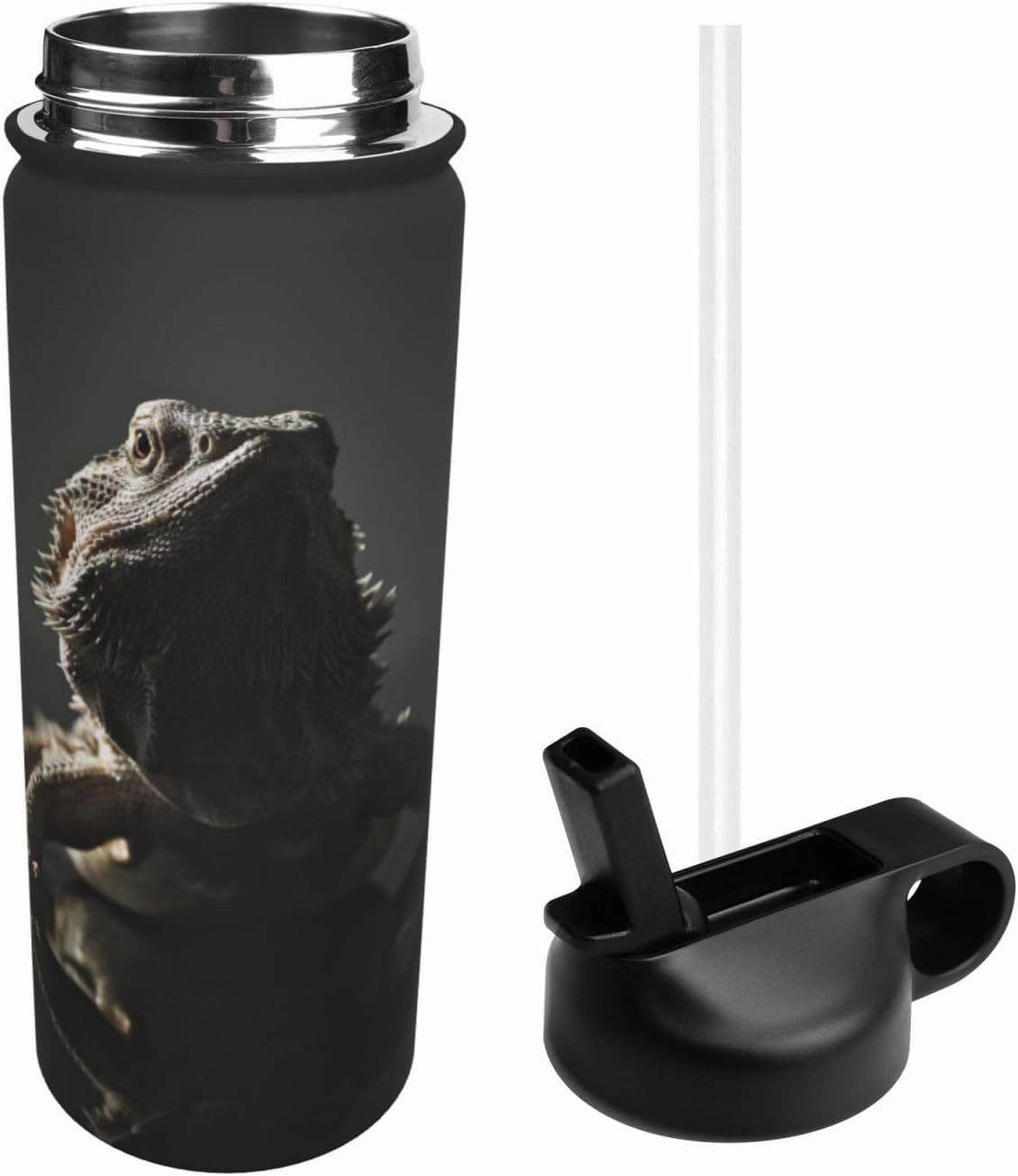 18Oz Sport Water Bottle Double Wall Insulated Stainless Steel, Cool Bearded Dragon Lizards Animal Black Adult Outdoors Sports Kettle with Straws, Not Afraid of Lipstick