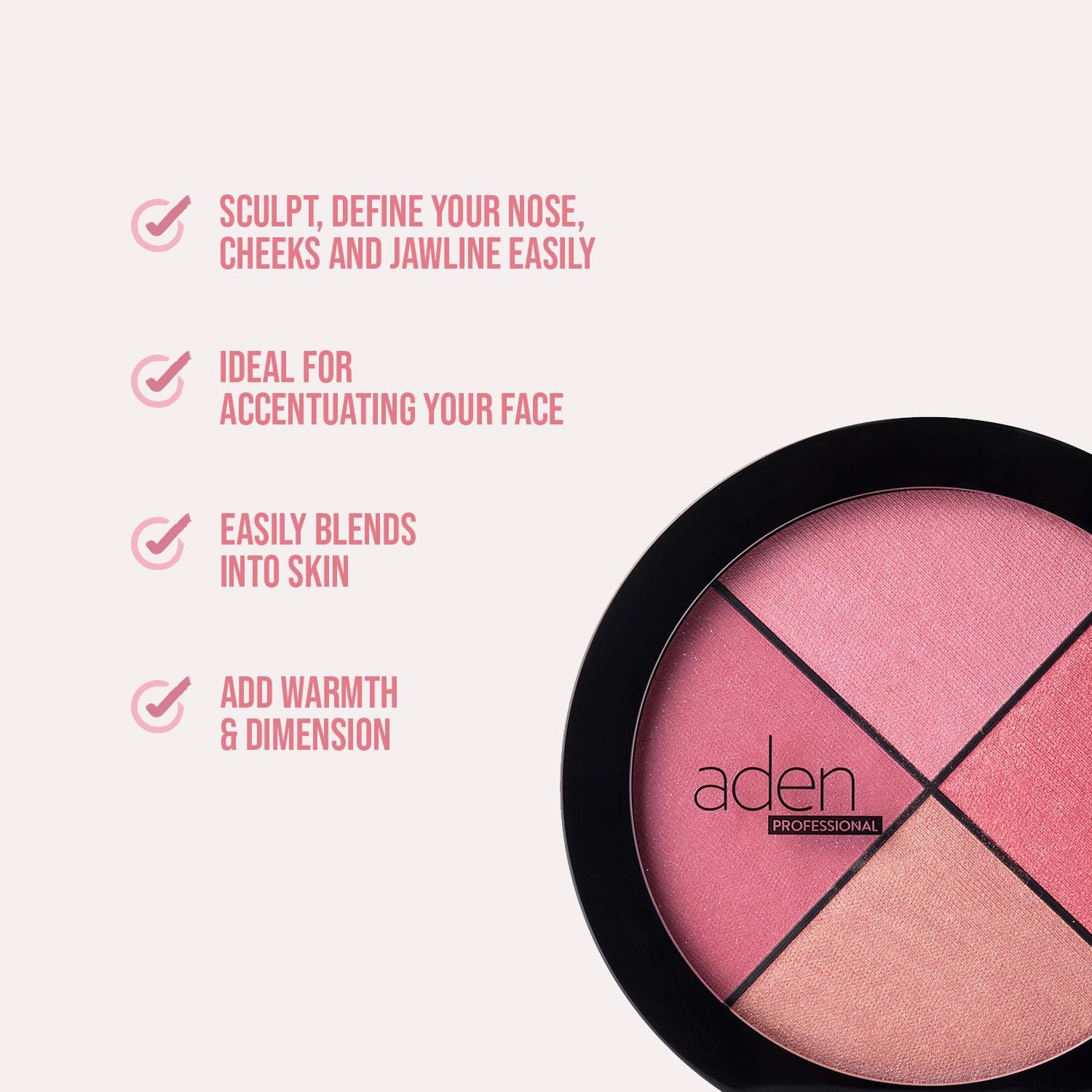 aden 4 Blusher Palette Makeup – 22gr – Natural & Durable Quality– Light Coverage & Inner Glow – MADE IN ITALY (Blusher Palette)