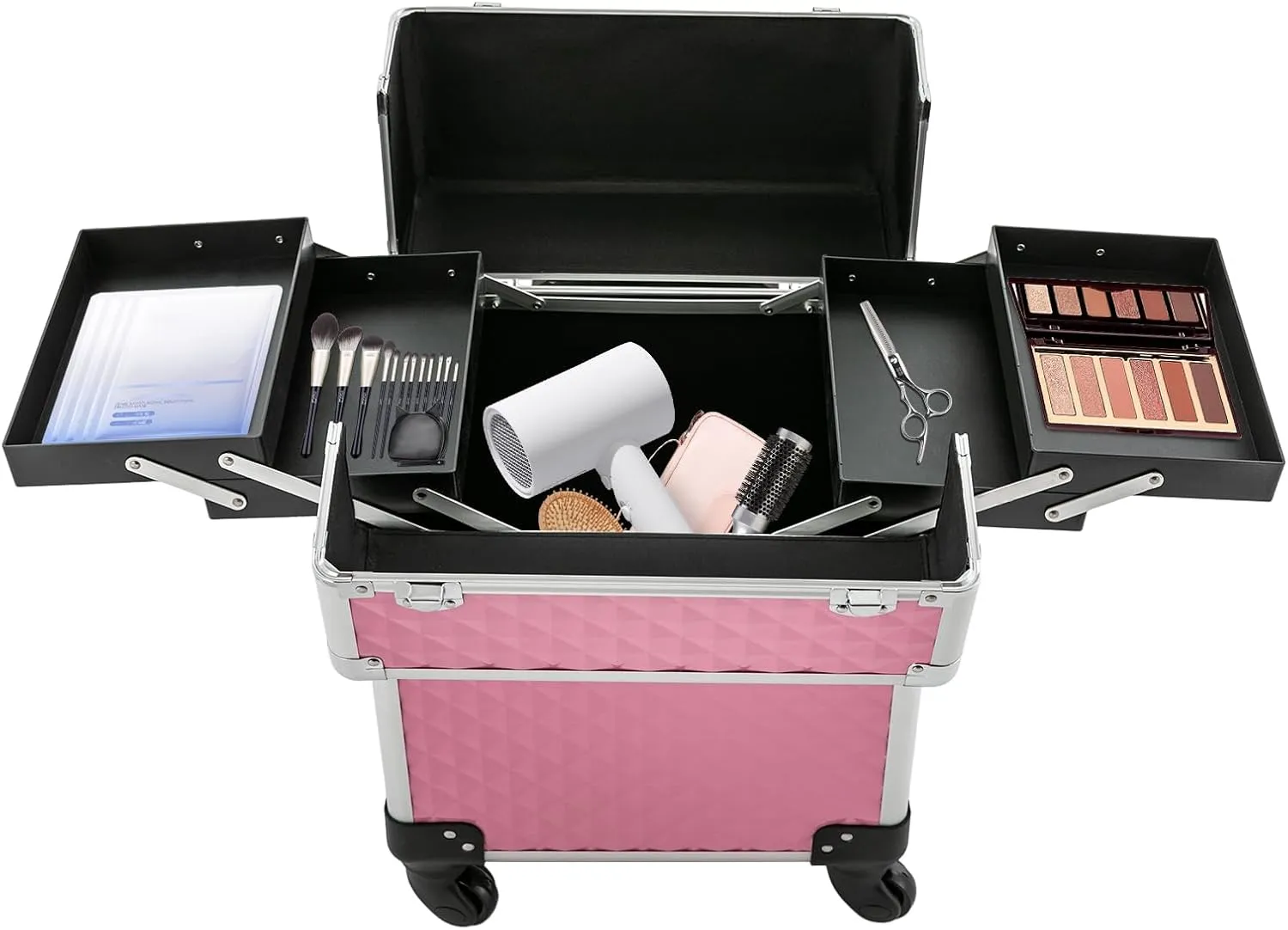 Aluminum Rolling Makeup Train Case, Portable Makeup Organizer Suitcase, Cosmetic Storage Box, Travel Beauty Luggage Trolley Lockable w/4 Removable Wheels & 2 Sliding Drawers (Light Pink)