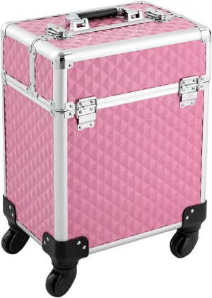 Aluminum Rolling Makeup Train Case, Portable Makeup Organizer Suitcase, Cosmetic Storage Box, Travel Beauty Luggage Trolley Lockable w/4 Removable Wheels & 2 Sliding Drawers (Light Pink)