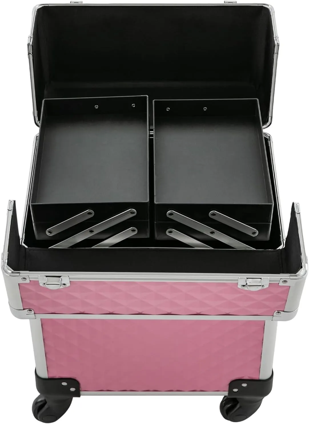 Aluminum Rolling Makeup Train Case, Portable Makeup Organizer Suitcase, Cosmetic Storage Box, Travel Beauty Luggage Trolley Lockable w/4 Removable Wheels & 2 Sliding Drawers (Light Pink)