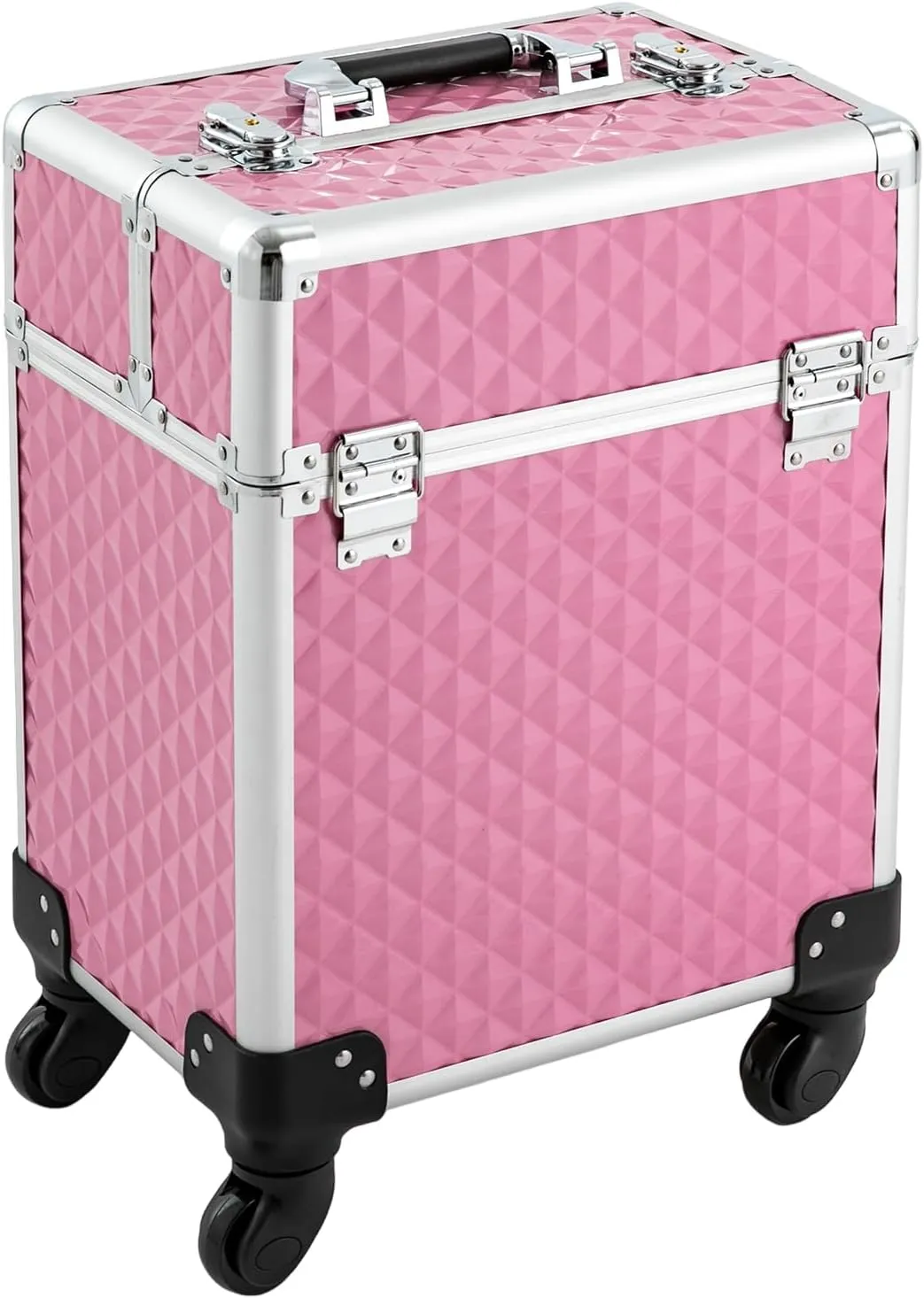 Aluminum Rolling Makeup Train Case, Portable Makeup Organizer Suitcase, Cosmetic Storage Box, Travel Beauty Luggage Trolley Lockable w/4 Removable Wheels & 2 Sliding Drawers (Light Pink)