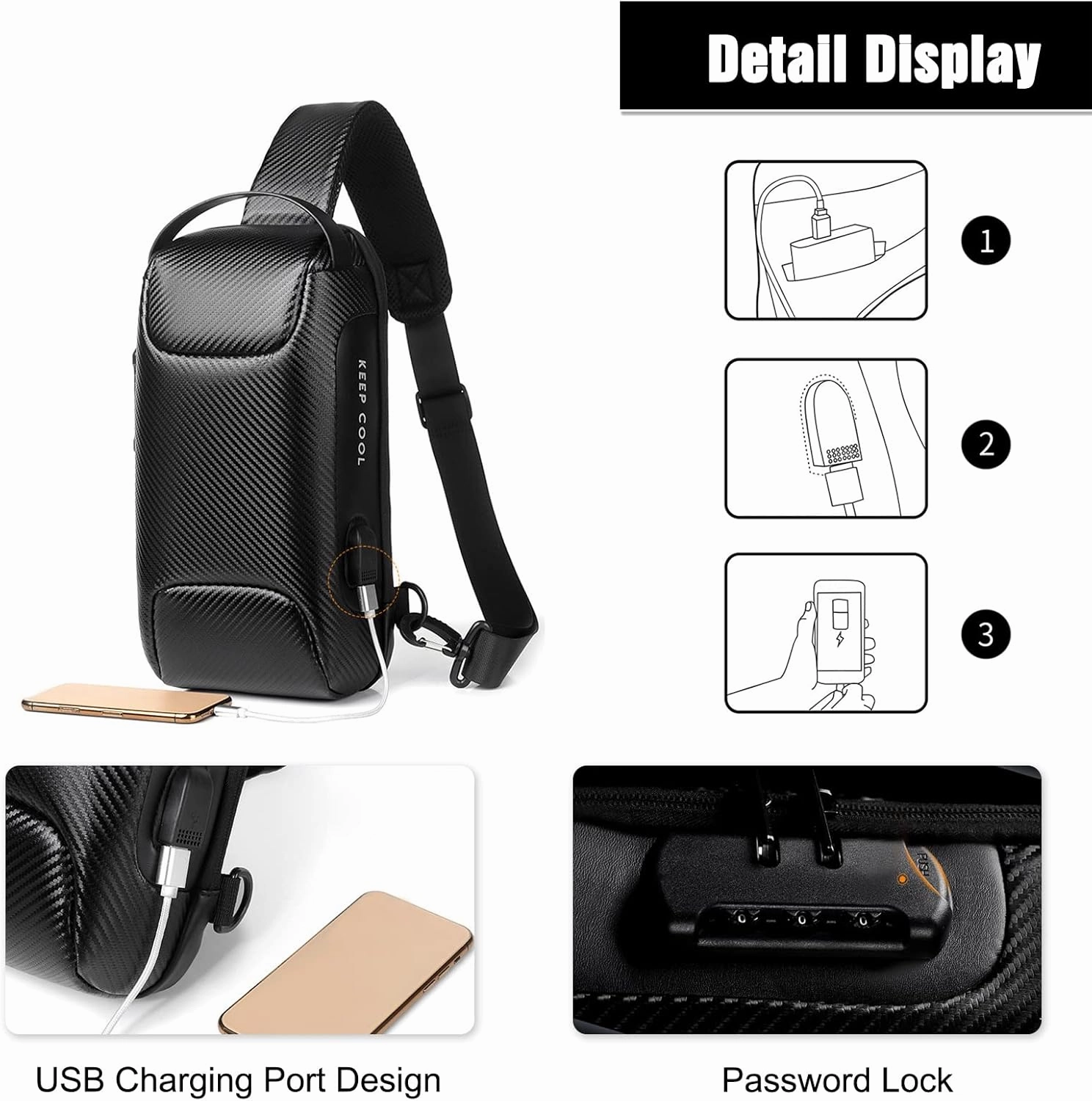 Anti-theft Sling Bag Business Men Bag Chest Crossbody bags with USB Charging Port Waterproof Small Backpack for Outdoor Work Hiking Running Sport Travel Bag Sports Car Styling Black A