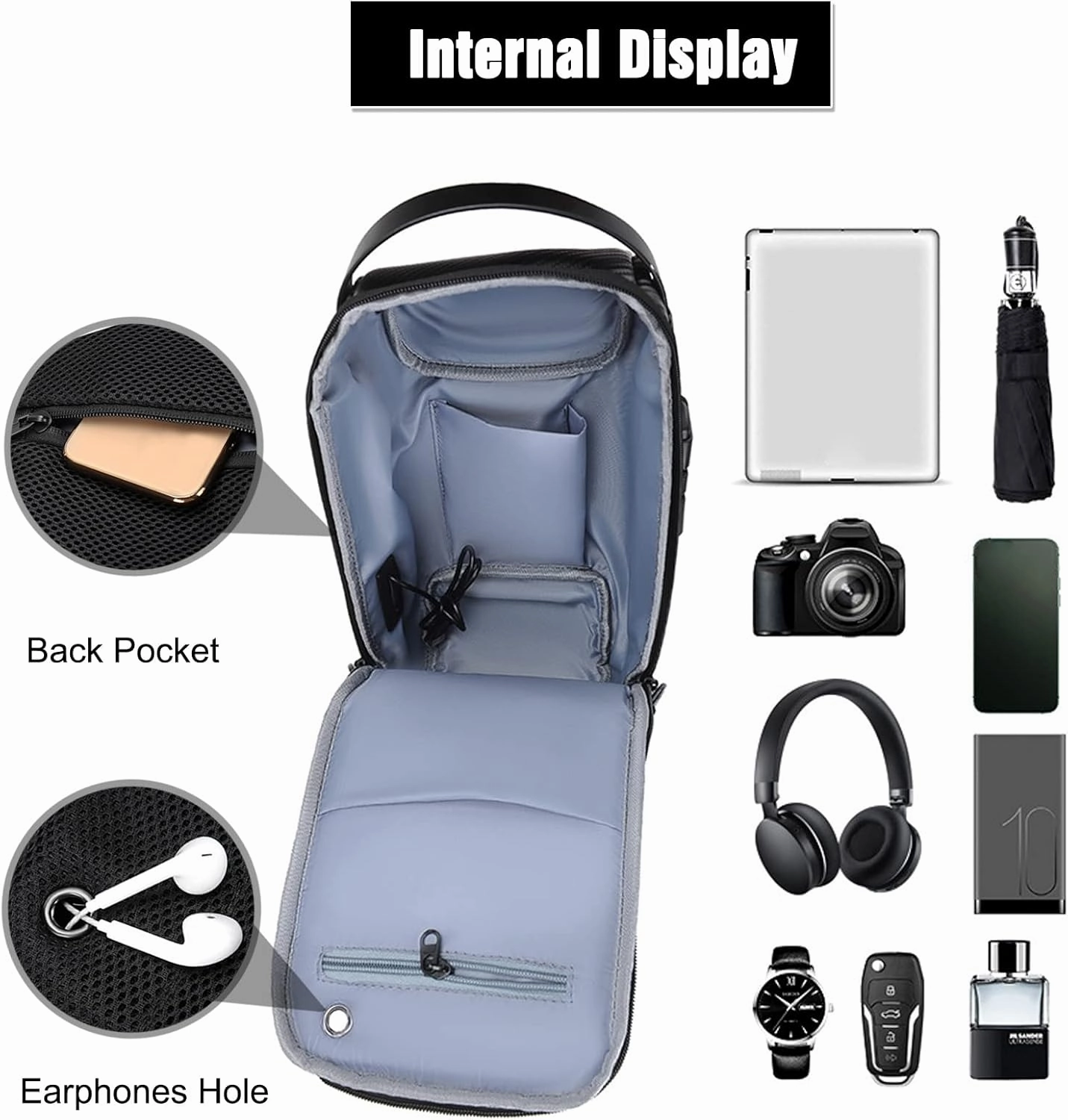 Anti-theft Sling Bag Business Men Bag Chest Crossbody bags with USB Charging Port Waterproof Small Backpack for Outdoor Work Hiking Running Sport Travel Bag Sports Car Styling Black A