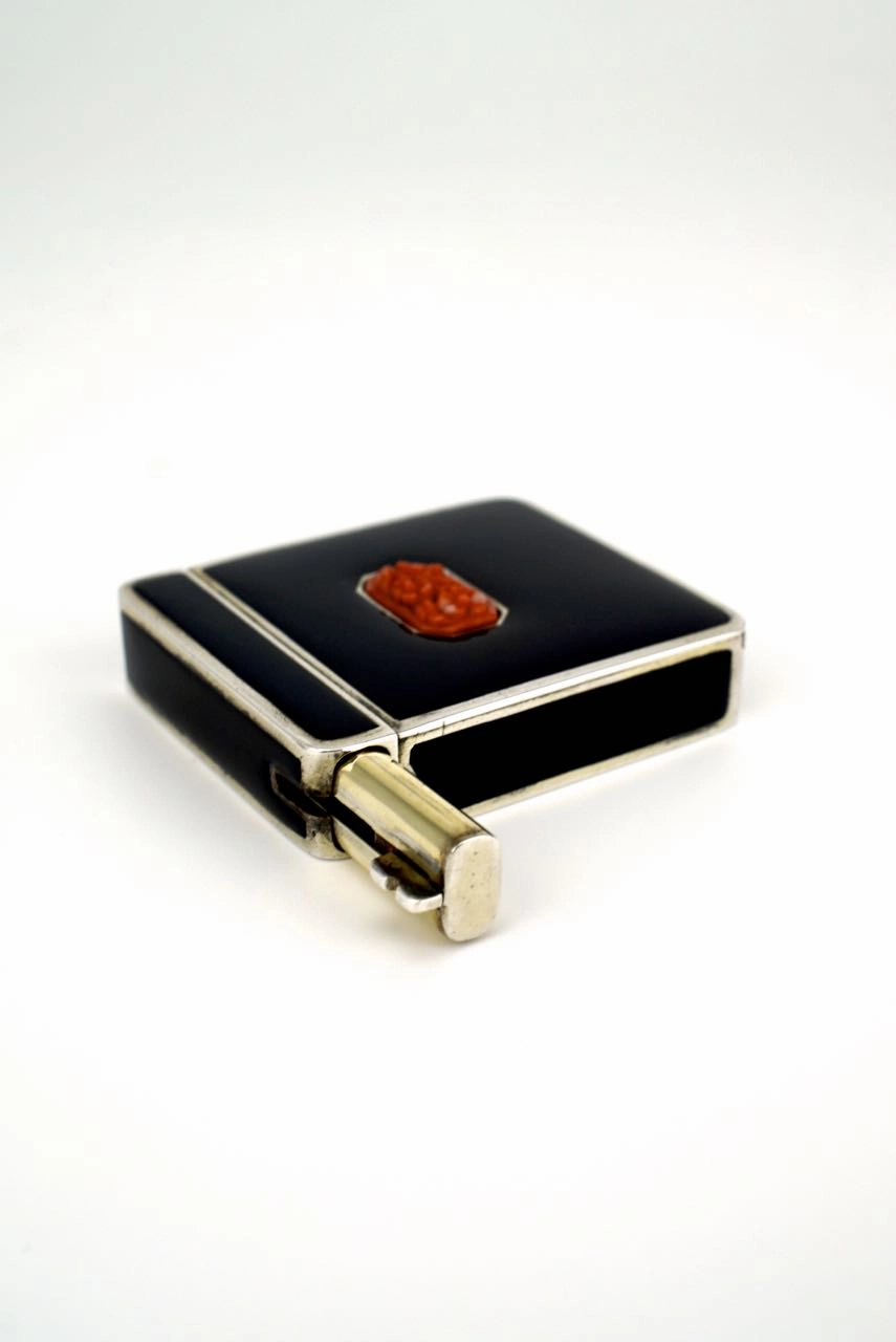 Art Deco silver and black enamel coral compact 1930s
