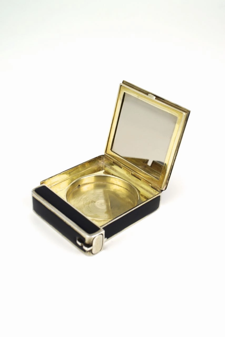 Art Deco silver and black enamel coral compact 1930s