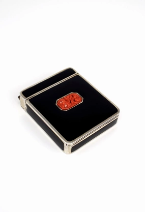 Art Deco silver and black enamel coral compact 1930s