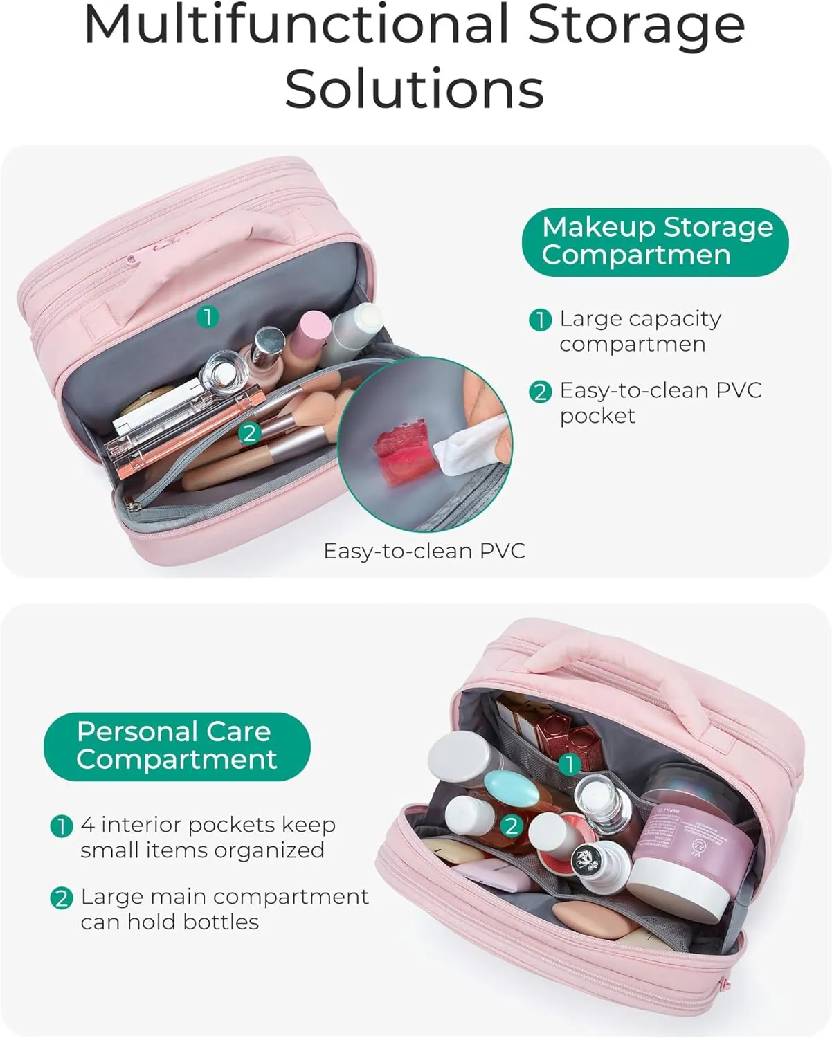 BAGSMART Toiletry Bag for Women, Travel Makeup Bag, Wide-open Portable Make Up Bag Organizer for Women for Travel Essentials Travel-Size Toiletries Accessories Bottles, Brushes, Pink