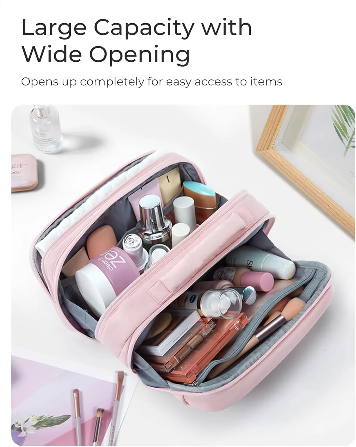 BAGSMART Toiletry Bag for Women, Travel Makeup Bag, Wide-open Portable Make Up Bag Organizer for Women for Travel Essentials Travel-Size Toiletries Accessories Bottles, Brushes, Pink