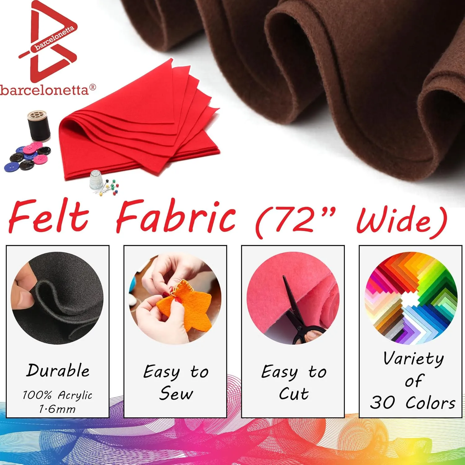 Barcelonetta | Felt Fabric | 72" Wide | 1.6mm Thick | Acrylic & Soft | Felt by The Yard | Felt for DIY Crafts, Projects, Sewing (White, 1 Yard)