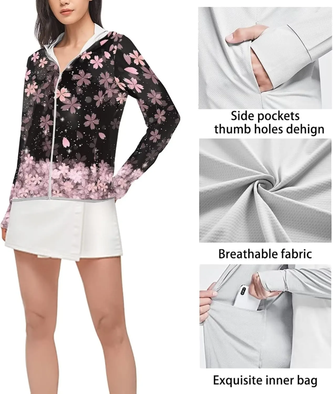 Belidome Zip Up Sun Shirt Women Long Sleeve UV Protection Cooling Jacket with Hood Pockets Lightweight Size S-2XL