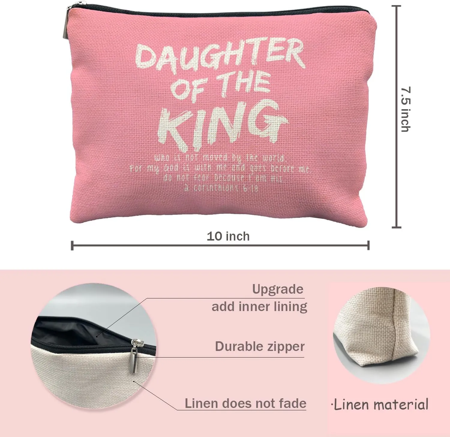 bible verse makeup bag，Daughter of the king makeup bag，christian makeup bag Cosmetic Bag，inspirational gifts for women，christian gifts for women faith，christian gifts for girls(pink)