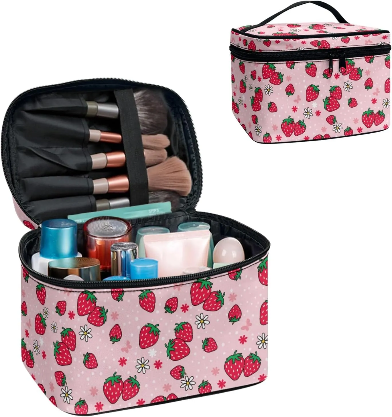 Boatee Strawberry Makeup Bag Pink Cosmetic Bag Portable Handbag Makeup Case Toiletry Case Floral Brush Bag Travel Organizer Zipper Closure Brushes Holder