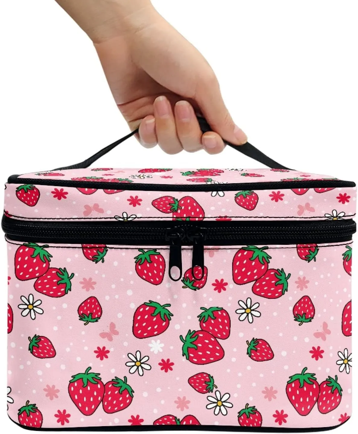 Boatee Strawberry Makeup Bag Pink Cosmetic Bag Portable Handbag Makeup Case Toiletry Case Floral Brush Bag Travel Organizer Zipper Closure Brushes Holder