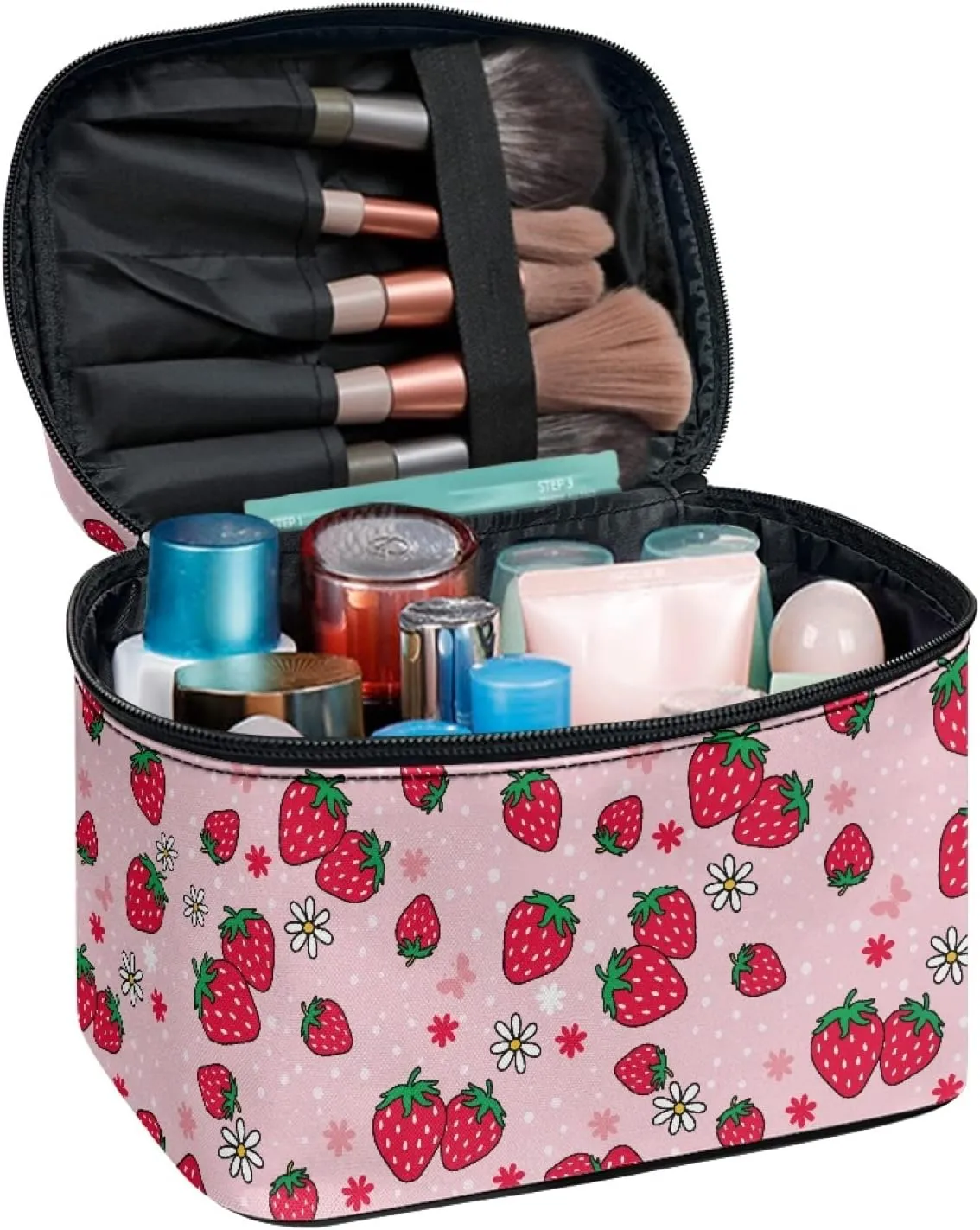 Boatee Strawberry Makeup Bag Pink Cosmetic Bag Portable Handbag Makeup Case Toiletry Case Floral Brush Bag Travel Organizer Zipper Closure Brushes Holder