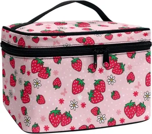 Boatee Strawberry Makeup Bag Pink Cosmetic Bag Portable Handbag Makeup Case Toiletry Case Floral Brush Bag Travel Organizer Zipper Closure Brushes Holder