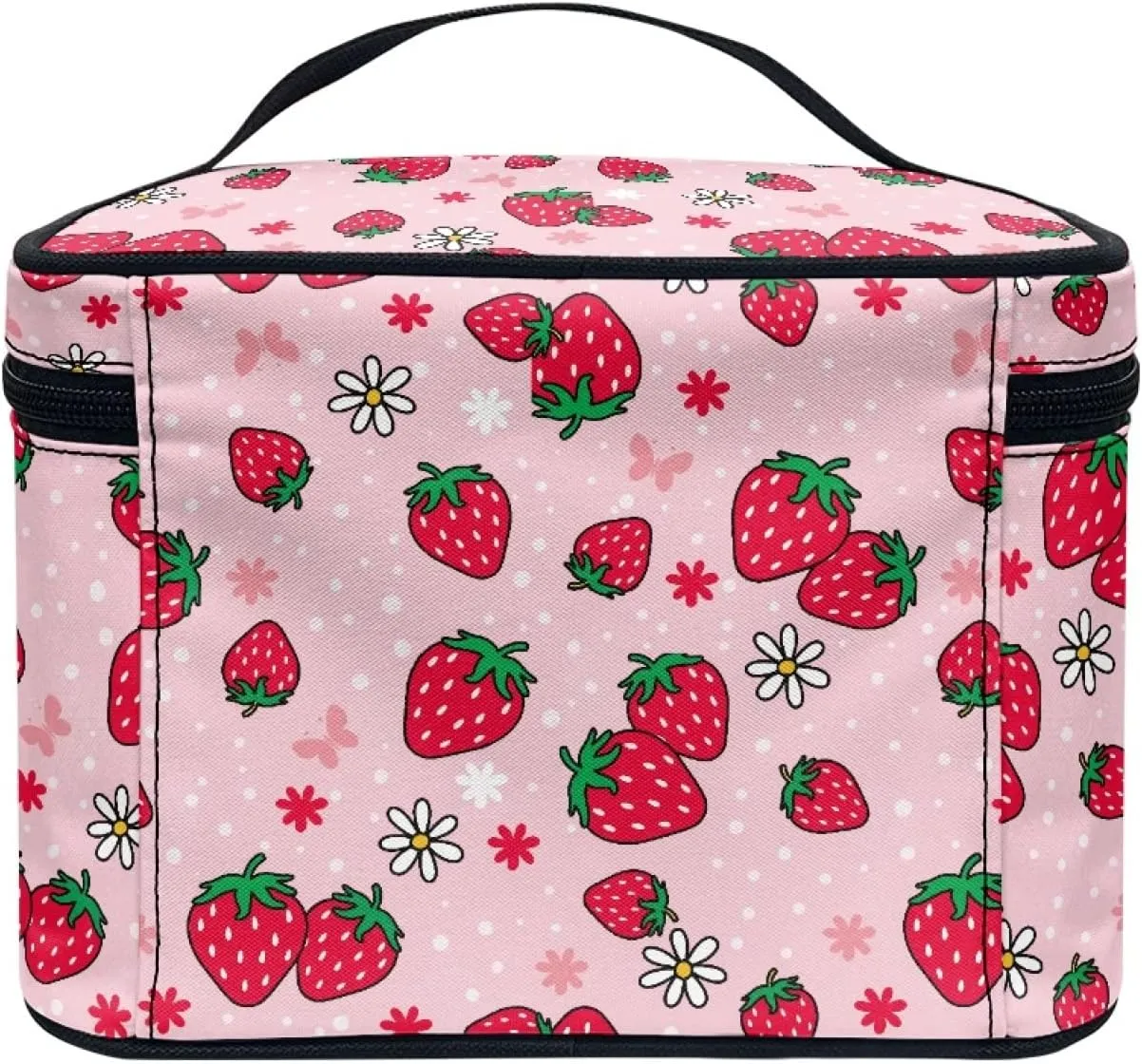 Boatee Strawberry Makeup Bag Pink Cosmetic Bag Portable Handbag Makeup Case Toiletry Case Floral Brush Bag Travel Organizer Zipper Closure Brushes Holder