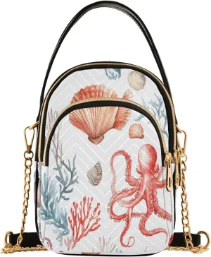 Chain Crossbody Bags for Women Octopus Shell Coral Pattern Quilted Shoulder Handbags Travel Cross Body Cell Phone Purses Bags