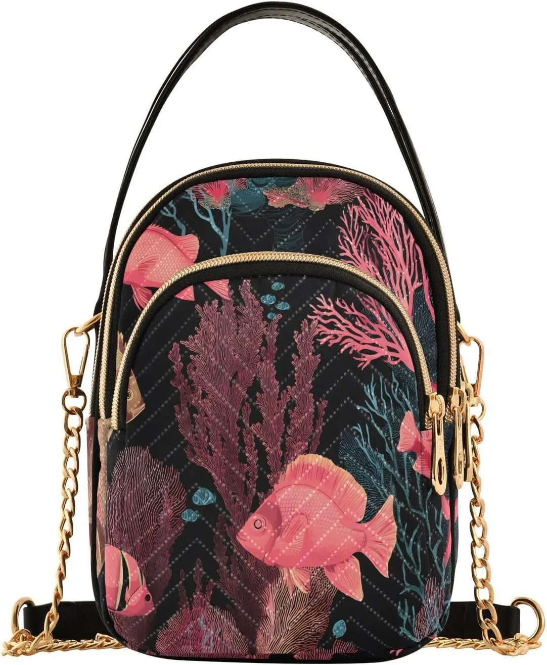 Chain Crossbody Bags for Women Tropical Ocean Pattern Fish Coral Quilted Shoulder Handbags Travel Cross Body Cell Phone Purses Bags