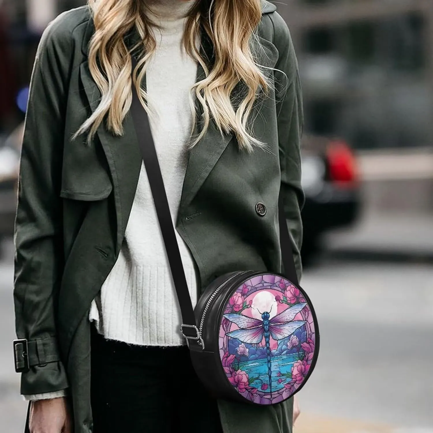 Circle Purse for Women Leather Crossbody Round Bag Zipper Round Wallet Clutch Purse Lightweight Shoulder Tote Bag