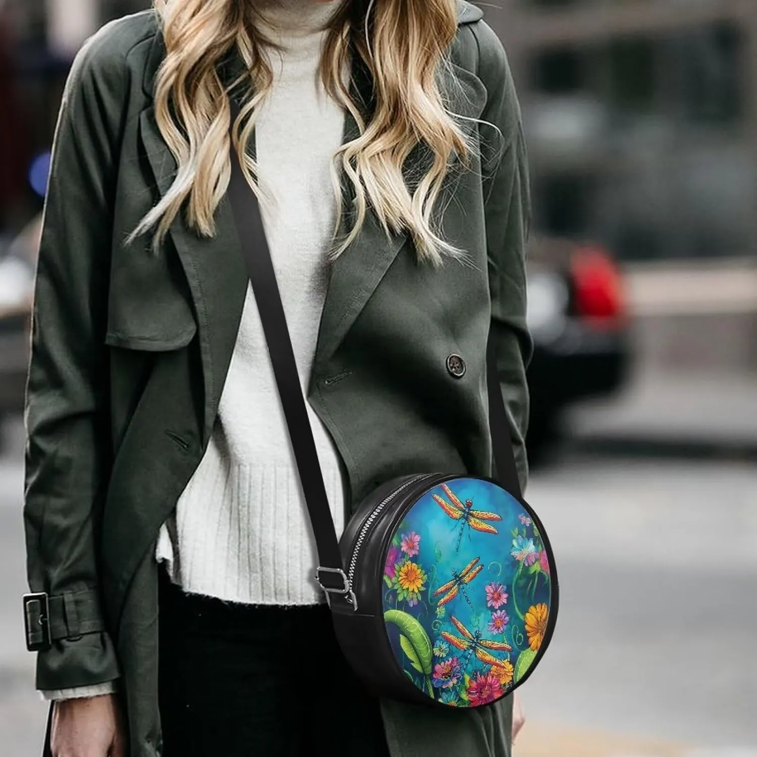 Circle Purse for Women Leather Crossbody Round Bag Zipper Round Wallet Clutch Purse Lightweight Shoulder Tote Bag