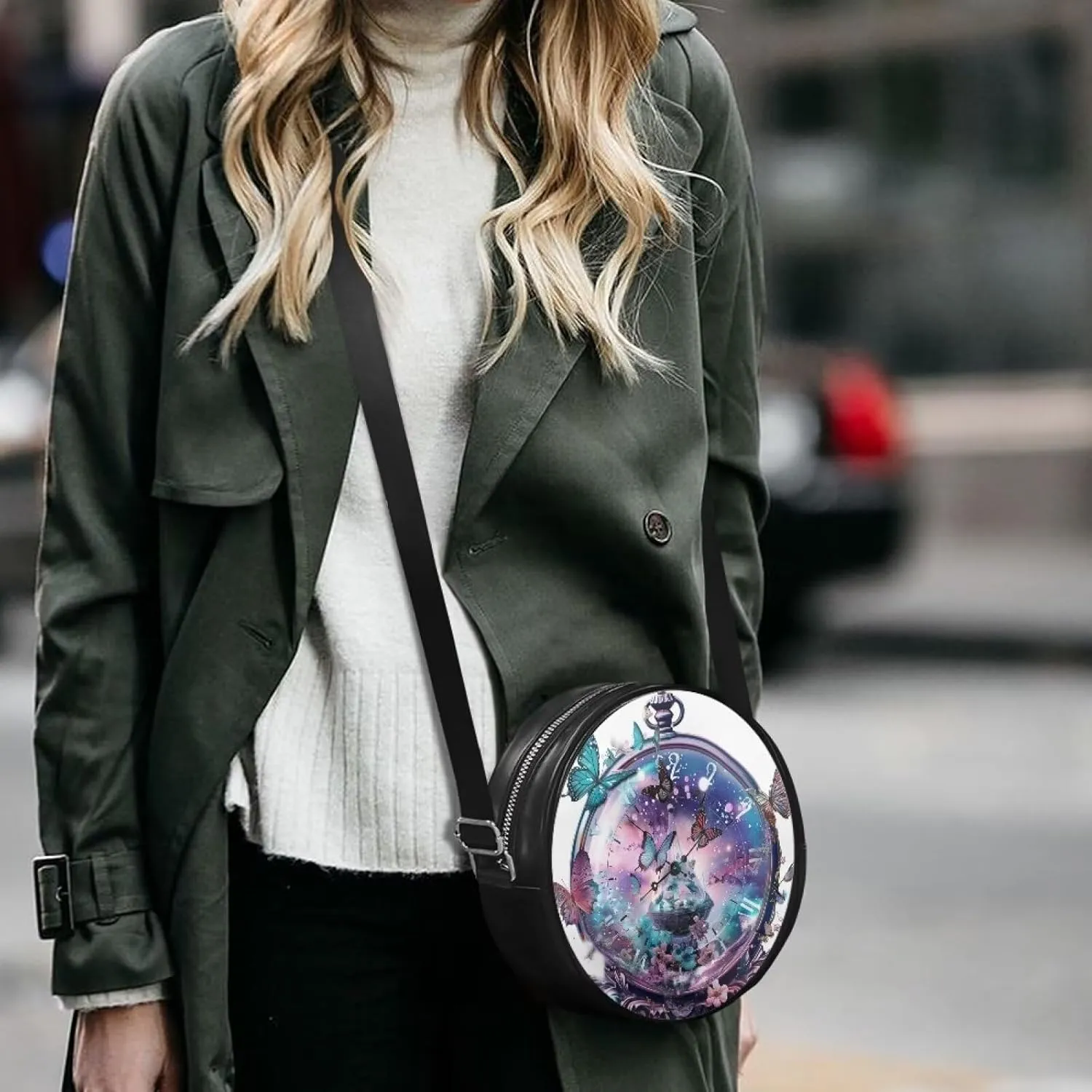 Circle Purse for Women Leather Crossbody Round Bag Zipper Round Wallet Clutch Purse Lightweight Shoulder Tote Bag