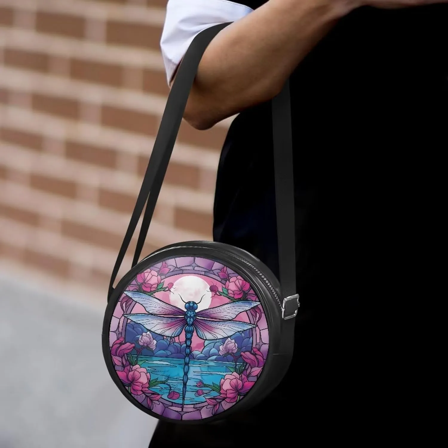 Circle Purse for Women Leather Crossbody Round Bag Zipper Round Wallet Clutch Purse Lightweight Shoulder Tote Bag