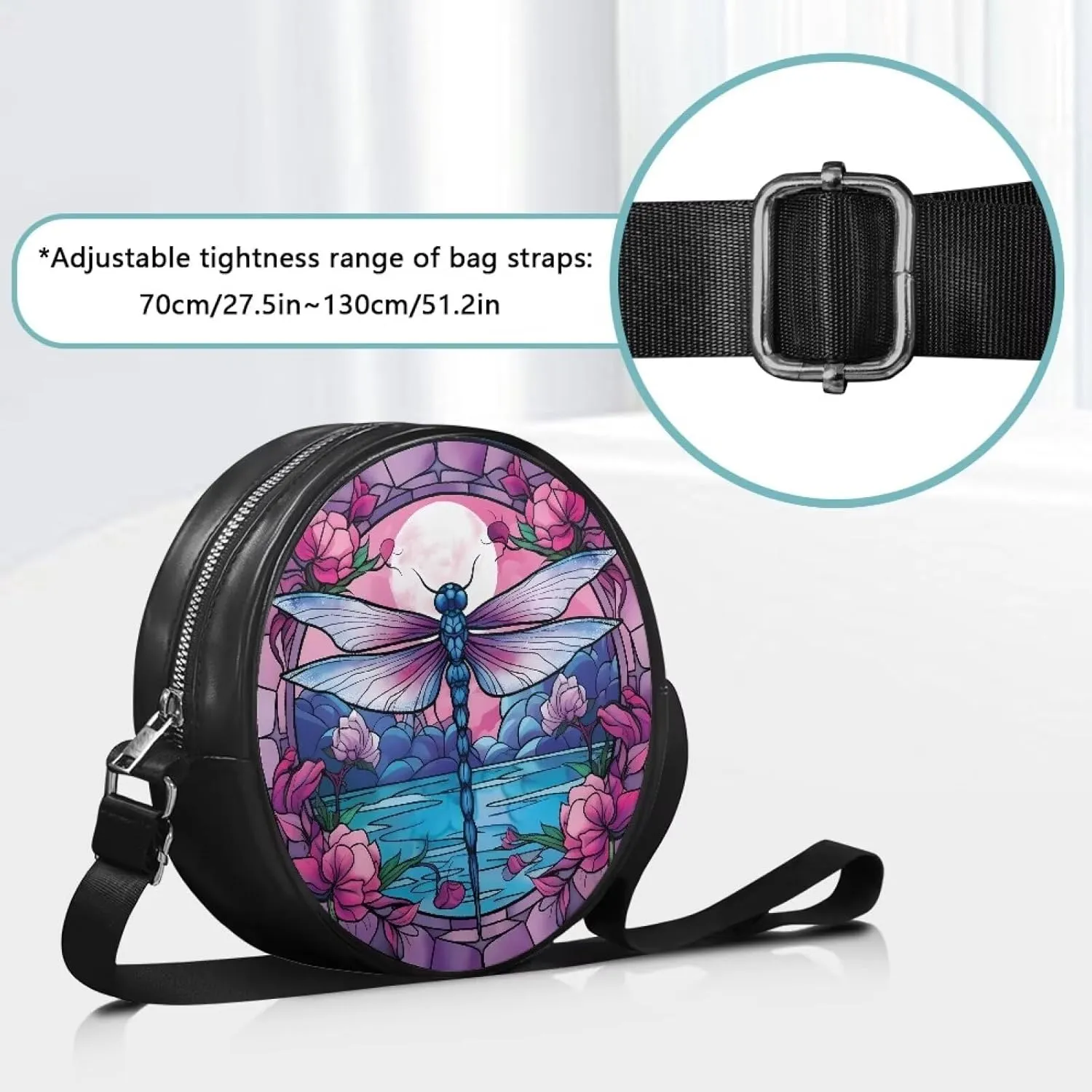 Circle Purse for Women Leather Crossbody Round Bag Zipper Round Wallet Clutch Purse Lightweight Shoulder Tote Bag