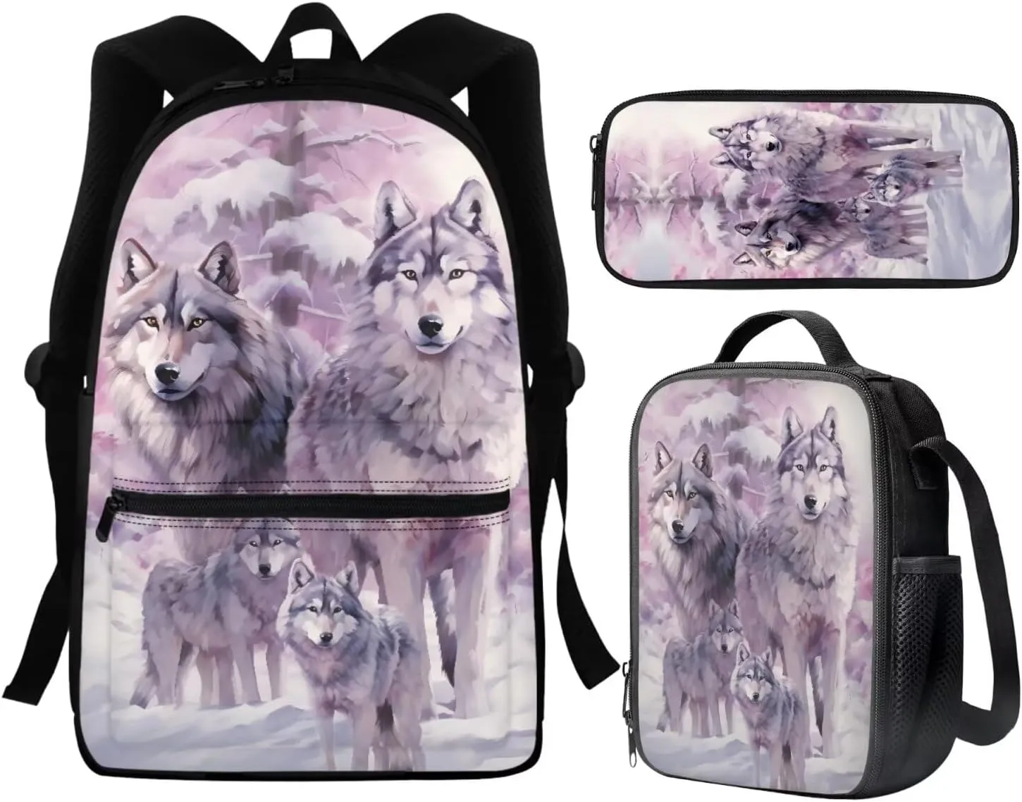 Cool Wolf Backpack Lunch Bag for Boys Kids School Bags Set,Kindergarten/Primary/Elementary Book Bag 16 Inch Pack Pack Lunch Box Pencil Case Bookbag for Teens 8-10/10-12/12-14