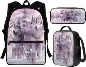 Cool Wolf Backpack Lunch Bag for Boys Kids School Bags Set,Kindergarten/Primary/Elementary Book Bag 16 Inch Pack Pack Lunch Box Pencil Case Bookbag for Teens 8-10/10-12/12-14