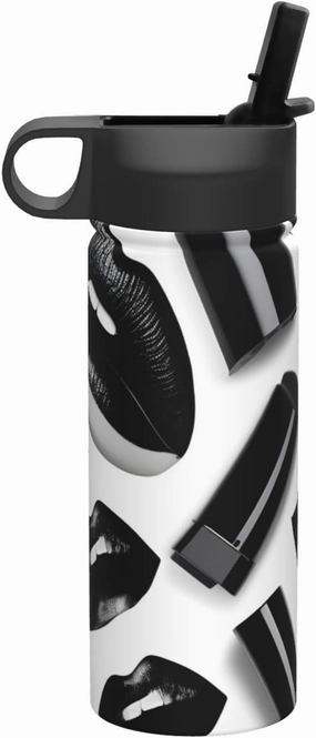 Cool Black Lipstick Lips Print Flask Stainless Steel Water Bottle with Straw 18OZ FOR Outdoor Gym Commute