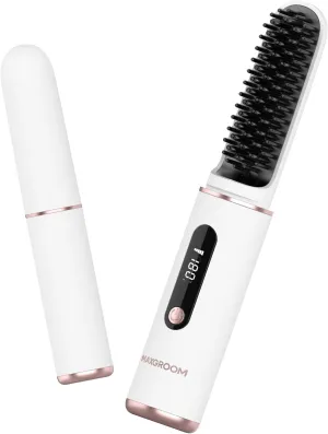 Cordless Hair Straightener Brush, Portable Hair Straightening Brush for Travel, Hot Ionic Straightener Comb for Women, USB-C Rechargeable, Anti-Scald, LED Display & Fast Heating