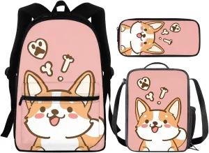 Cute Corgi School Bags for Girls 7-10 10-12 Kids Backpack With Lunch Box and Pencil Case Middle School Bookbag Boys Preschool Kindergarten Children Back Packs Travel Daypack Rucksack 3pcs