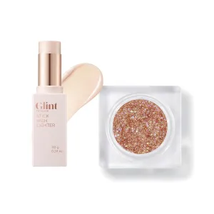 Glint Glitter Gel (Rum N Sugar, 0.13oz)& Stick Highlighter (Dewy Moon, 0.24oz) - Multi-Use Body Makeup for Eyes, Cheeks, Body, and Hair by LG Beauty. Rich Pigment, Long-Lasting Sparkle/Glitter for Par