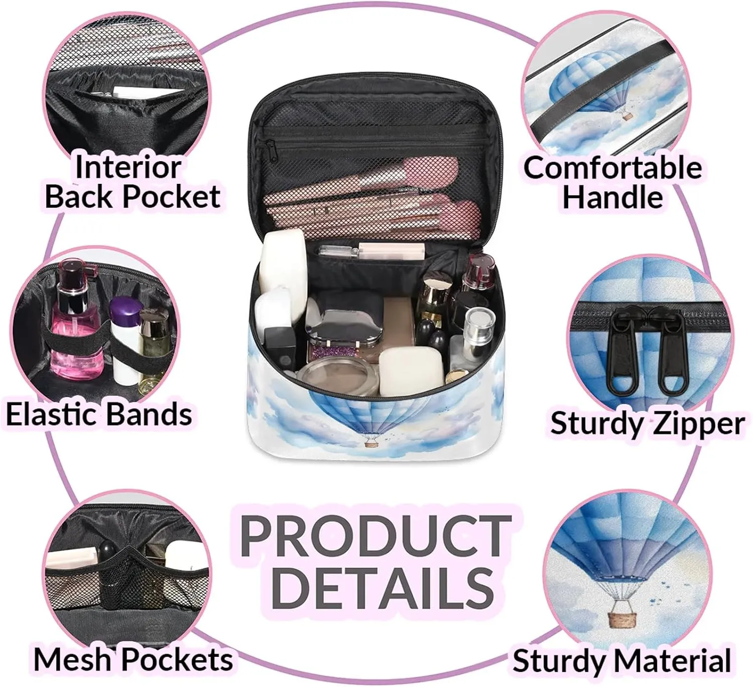 Hot Air Balloon Travel Toiletry Bag Large Capacity Makeup Case Organizer with Handle Cosmetic Case for Women Girls