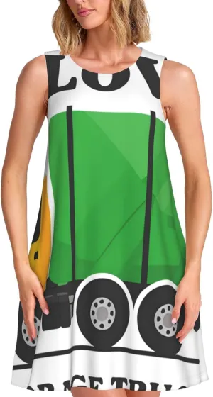 I Love Garbage Trucks Womens Summer Dresses Casual Sleeveless Sundress Beach Tank Dress Cover Ups with Pockets