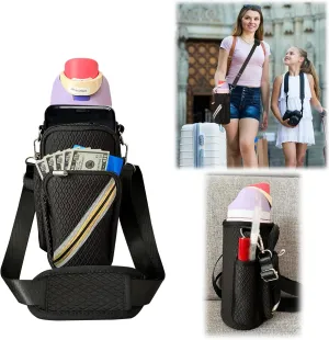 Insulated Stainless Steel Water Bottle Carrying Case Compatible with Owala FreeSip 32 oz Protective with Strap, Lipstick and Straw Pocket and Cell Phone Accessory Pocket (black color 32 oz)