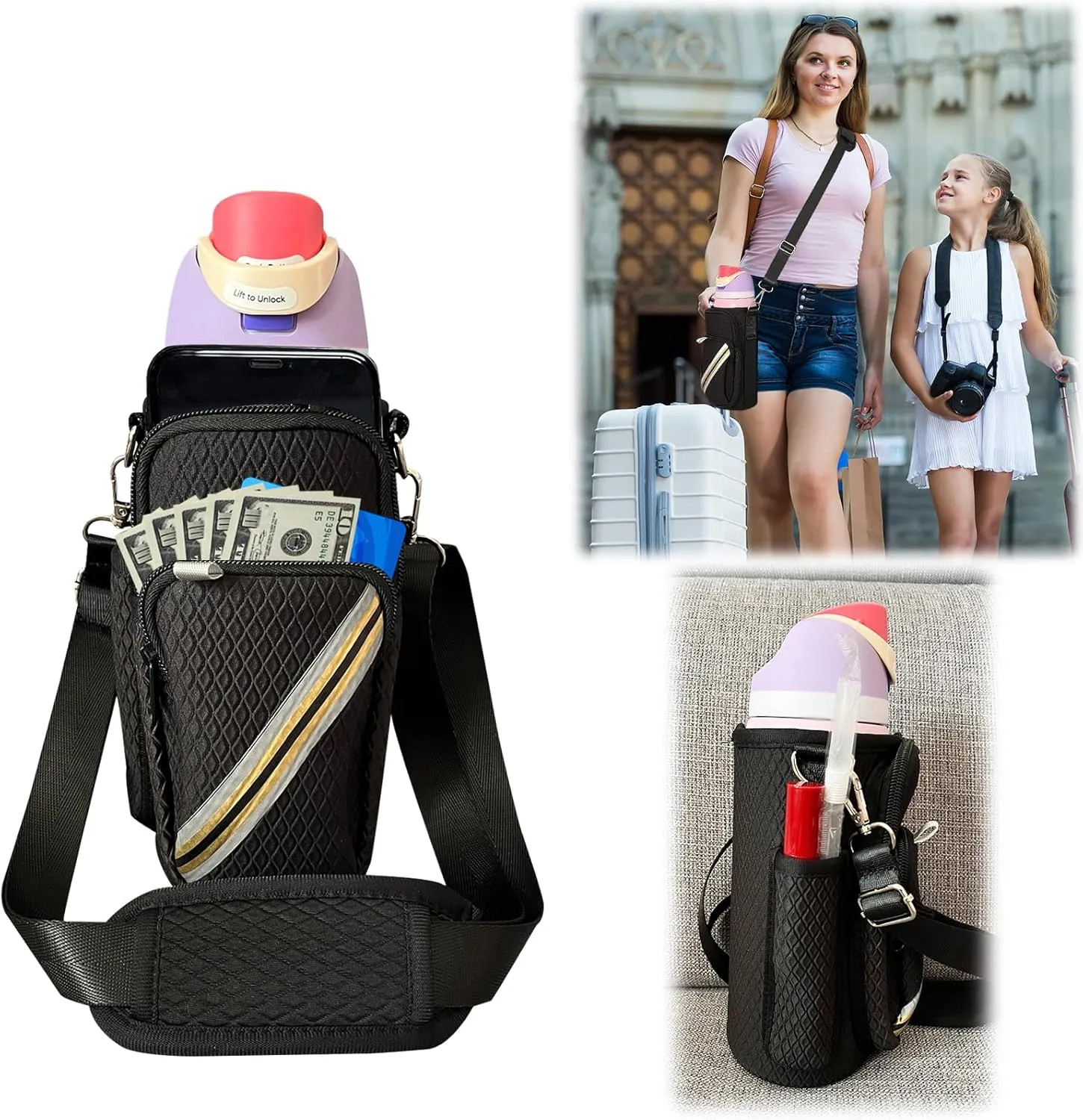 Insulated Stainless Steel Water Bottle Carrying Case Compatible with Owala FreeSip 32 oz Protective with Strap, Lipstick and Straw Pocket and Cell Phone Accessory Pocket (black color 32 oz)