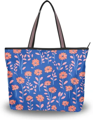 KLL silk fabric zippered cute tote bags reusable satchel handbags for women for shopping Small Coral Flowers Blue Background size 15.7x11.4 in