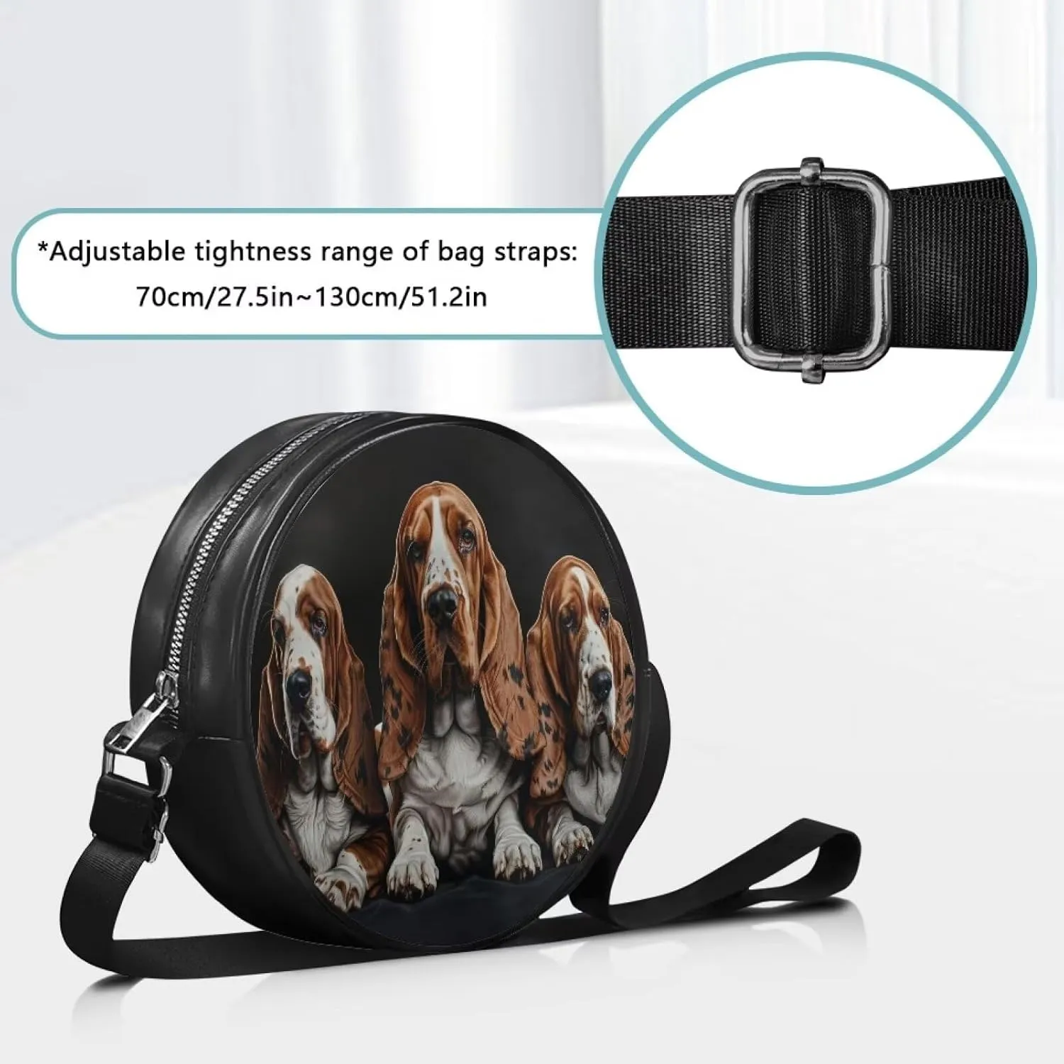 Leather Round Purse for Women Shoulder Crossbody Bag, Zipper Small Circle Wallet with Adjustable Strap