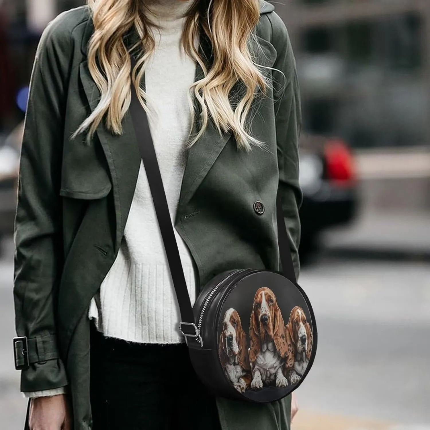 Leather Round Purse for Women Shoulder Crossbody Bag, Zipper Small Circle Wallet with Adjustable Strap