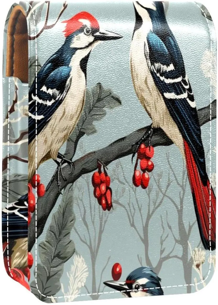 Lipstick Case Woodpecker Bird on Red Berries Branch Prints Mini Lipstick Holder Organizer Bag With Mirror for Purse Travel Cosmetic Pouch