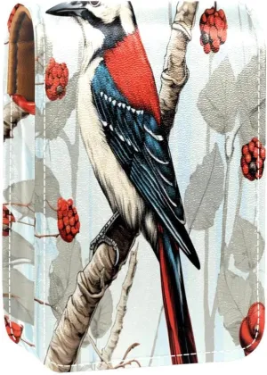 Lipstick Case Woodpecker Bird on Red Berries Branch Prints Mini Lipstick Holder Organizer Bag With Mirror for Purse Travel Cosmetic Pouch
