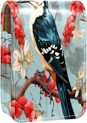Lipstick Case Woodpecker Bird on Red Berries Branch Prints Mini Lipstick Holder Organizer Bag With Mirror for Purse Travel Cosmetic Pouch