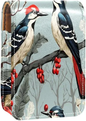 Lipstick Case Woodpecker Bird on Red Berries Branch Prints Mini Lipstick Holder Organizer Bag With Mirror for Purse Travel Cosmetic Pouch