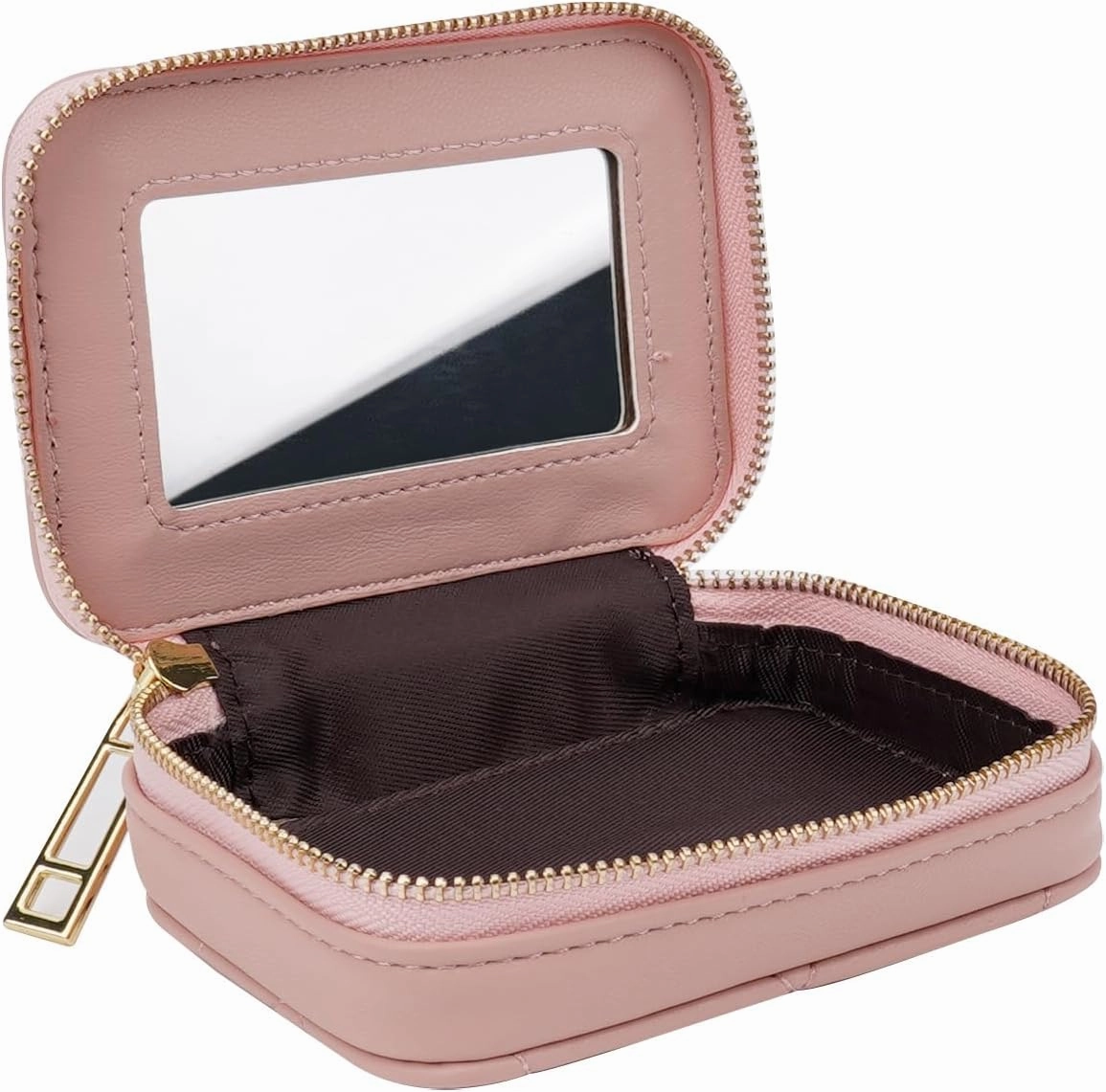 Lipstick Holder with Mirror for Purse, Genuine Leather Makeup Case, Compact Zippered Travel Cosmetic Organizer, Pink