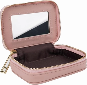 Lipstick Holder with Mirror for Purse, Genuine Leather Makeup Case, Compact Zippered Travel Cosmetic Organizer, Pink